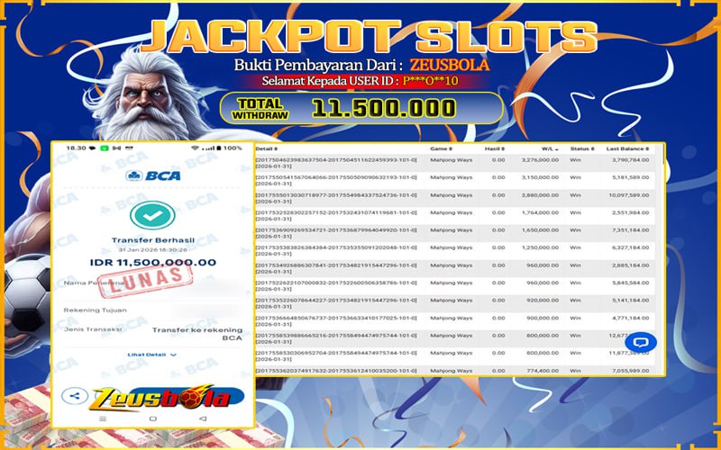 Bukti Kemenangan Member Setia Kami P***O**10 Sebesar Rp 11.500.000 di Permainan mahjong ways