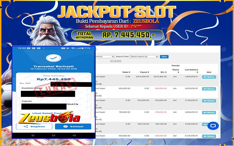Bukti Kemenangan Member Setia Kami J*N*** Sebesar Rp 7.445.450 di Permainan Gates of Olympus Super