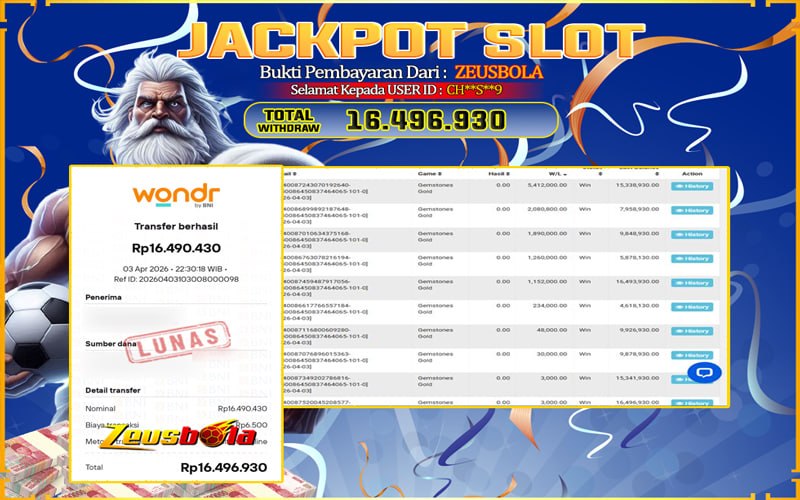 Bukti Kemenangan Member Setia Kami C**RS**9 Sebesar Rp 16.496.930 di Permainan Gemstones Gold