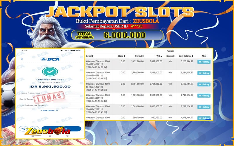 Bukti Kemenangan Member Setia Kami A***35 Sebesar Rp 6.000.000 di Permainan Gates Of Olympus 1000