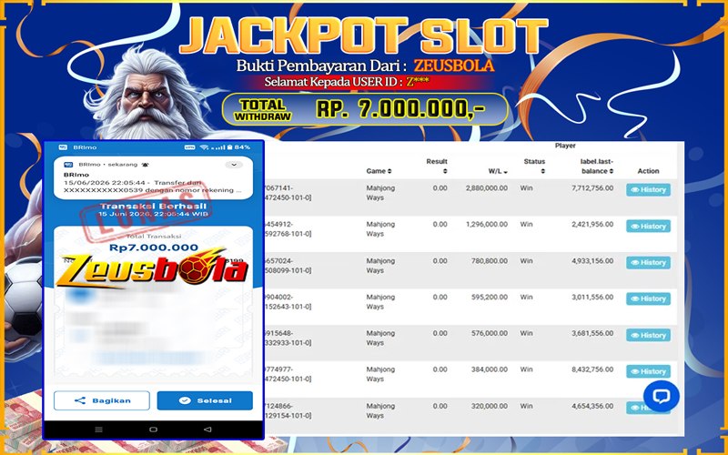 Bukti Kemenangan Member Setia Kami Z*** Sebesar Rp 7.000.000 di Permainan PG