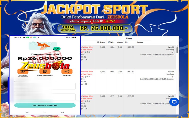 Bukti Kemenangan Member Setia Kami ZO**6* Sebesar Rp 26.000.000 di Permainan CMD Sports