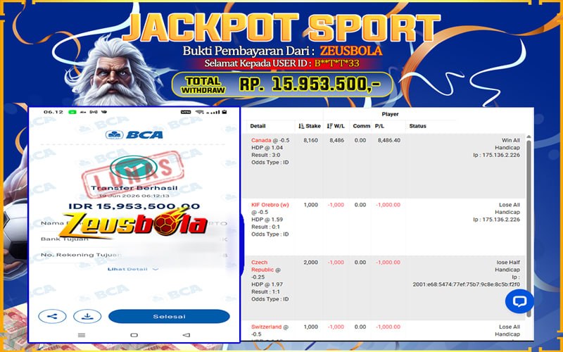 Bukti Kemenangan Member Setia Kami B**T*T*33 Sebesar Rp 15.953.500 di Permainan CMD Sports