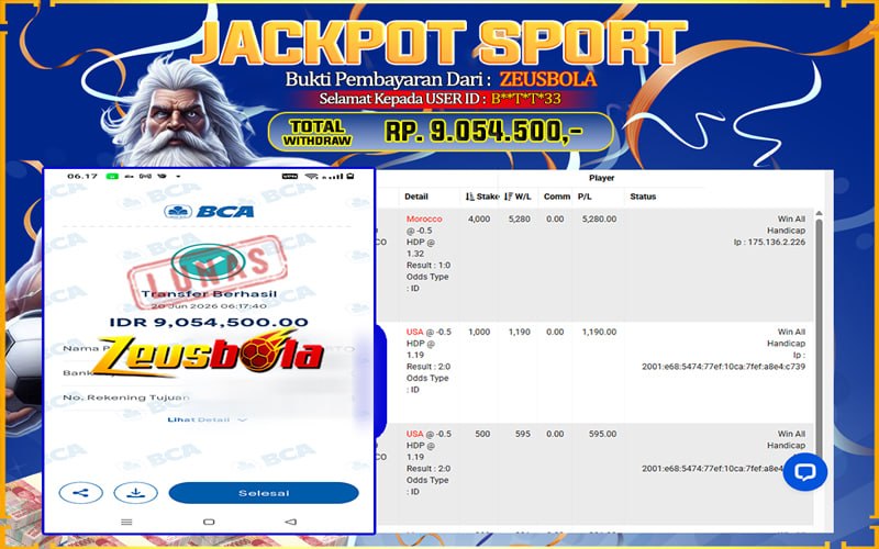 Bukti Kemenangan Member Setia Kami B**T*T*33 Sebesar Rp 9.054.500 di Permainan CMD Sports