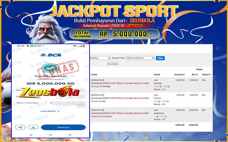 Bukti Kemenangan Member Setia Kami A***Z*US Sebesar Rp 5.000.000 di Permainan SBO Sport