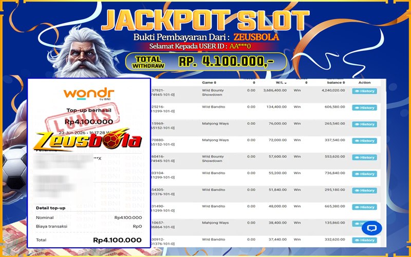 Bukti Kemenangan Member Setia Kami AA***0 Sebesar Rp 4.100.000 di Permainan Wild Bounty Showdown