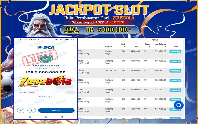 Bukti Kemenangan Member Setia Kami PU*****8 Sebesar Rp 5.000.000 di Permainan PG
