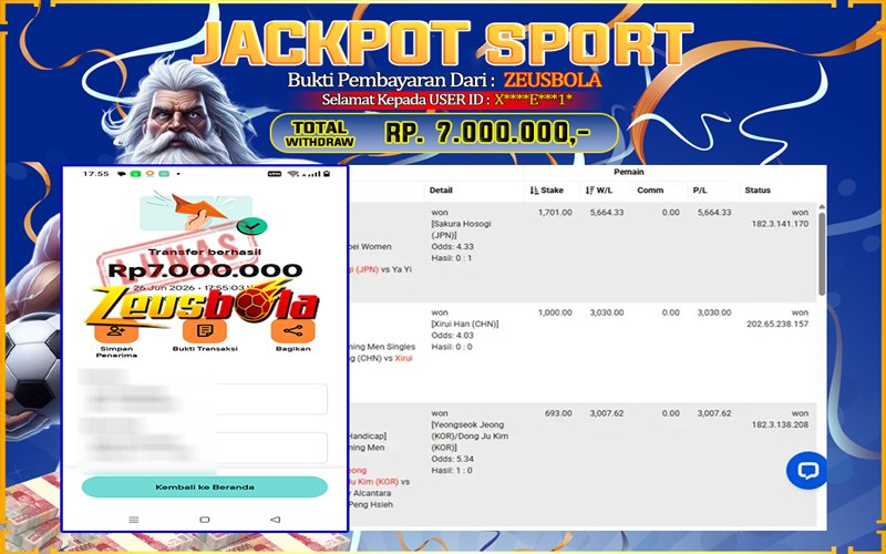 Bukti Kemenangan Member Setia Kami X**E*1* Sebesar Rp 7.000.000 di Permainan Saba Sports