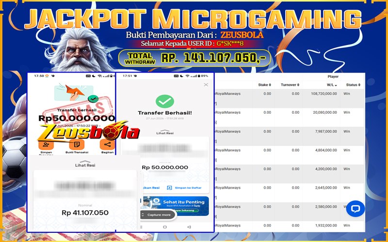 Bukti Kemenangan Member Setia Kami G*SK***8 Sebesar Rp 141.107.050 di Permainan Microgaming Direct 2
