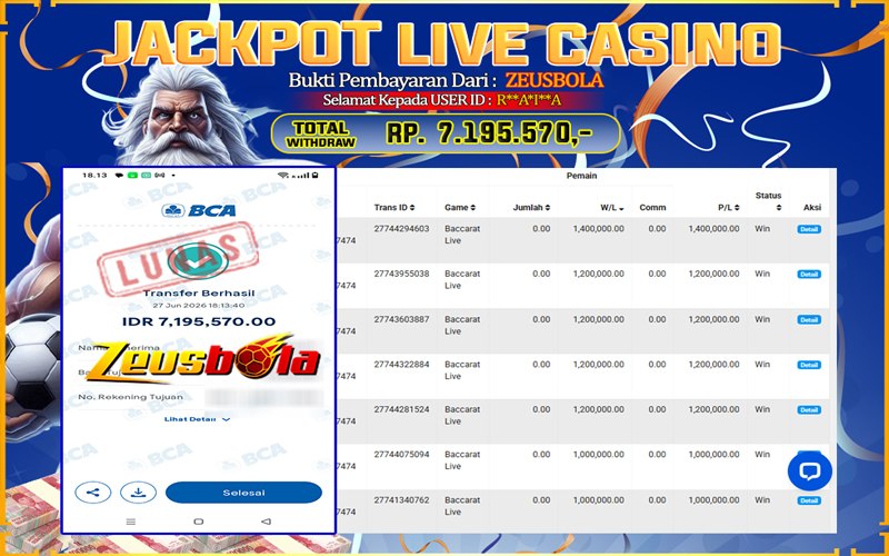 Bukti Kemenangan Member Setia Kami R**A*I**A Sebesar Rp 7.195.570 di Permainan Baccarat Live