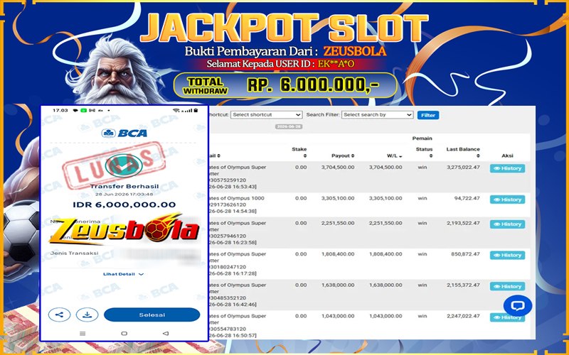 Bukti Kemenangan Member Setia Kami EK**A*O Sebesar Rp 6.000.000 di Permainan Gates of Olympus Super Scatter