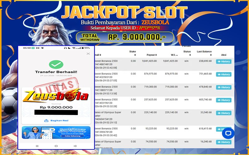 Bukti Kemenangan Member Setia Kami ADS**R Sebesar Rp 9.000.000 di Permainan Sweet Bonanza 2500
