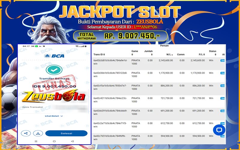 Bukti Kemenangan Member Setia Kami L*ANA06 Sebesar Rp 9.007.450 di Permainan 5G gaming