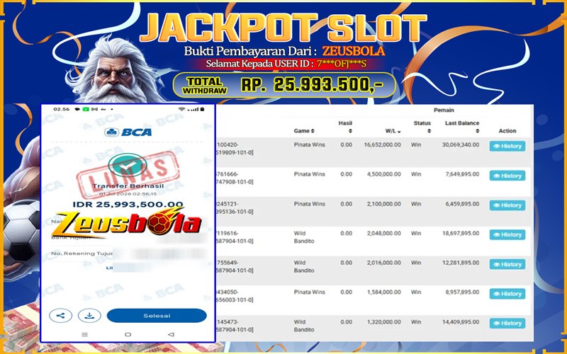 Bukti Kemenangan Member Setia Kami 7*OFJ*S Sebesar Rp 25.993.500 di Permainan PG
