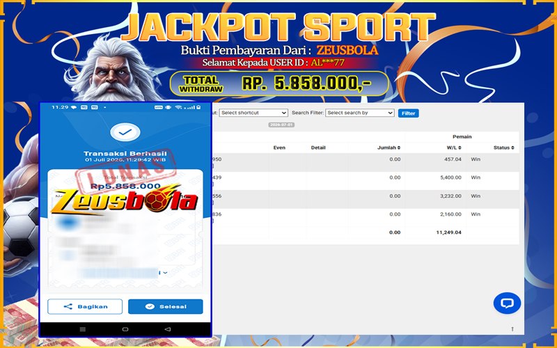 Bukti Kemenangan Member Setia Kami AL***77 Sebesar Rp 5.858.000 di Permainan SBO Sport