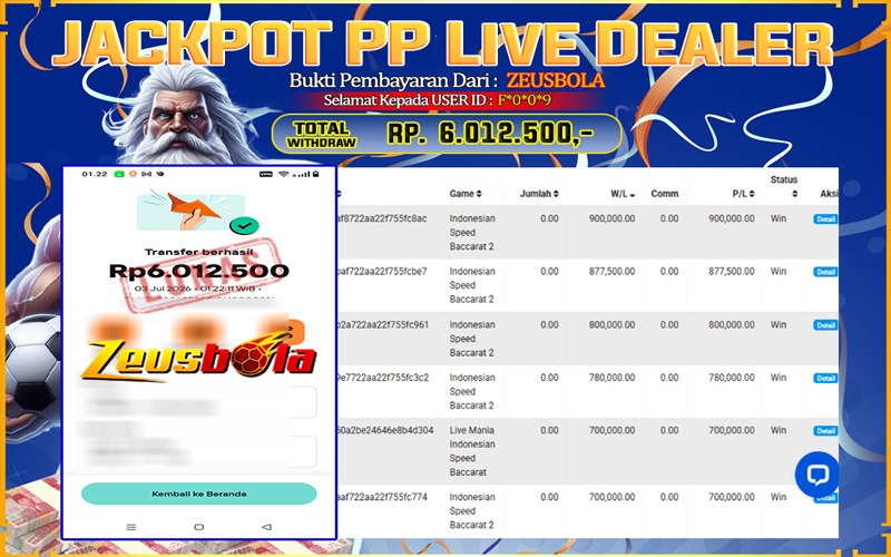 Bukti Kemenangan Member Setia Kami F*0*0*9 Sebesar Rp 6.012.500 di Permainan PP Live Dealer