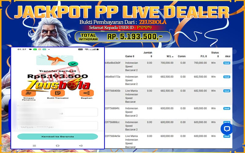 Bukti Kemenangan Member Setia Kami F*0*0*9 Sebesar Rp 5.193.500 di Permainan PP Live Dealer