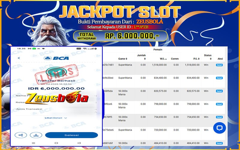 Bukti Kemenangan Member Setia Kami L**A*ZB Sebesar Rp 6.000.000 di Permainan Pragmatic SM