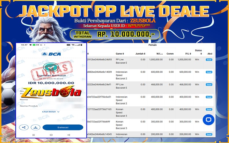 Bukti Kemenangan Member Setia Kami W**U*I*D*** Sebesar Rp 10.000.000 di Permainan PP Live Dealer