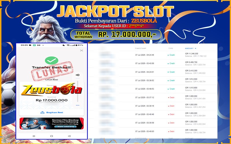 Bukti Kemenangan Member Setia Kami ZS4* Sebesar Rp 17.000.000 di Permainan Sweet Bonanza 1000