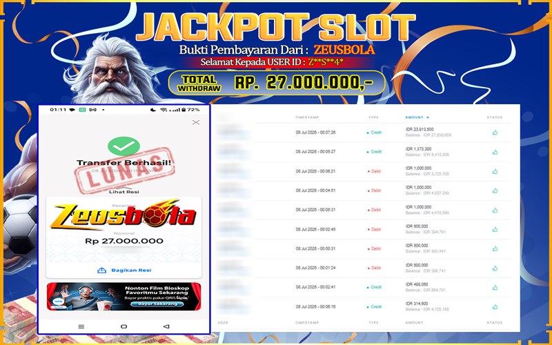 Bukti Kemenangan Member Setia Kami ZS4* Sebesar Rp 27.000.000 di Permainan Sweet Bonanza 1000