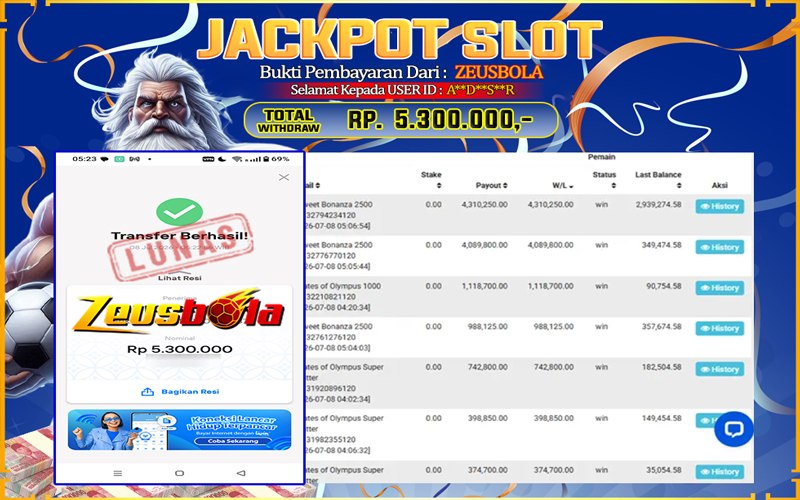 Bukti Kemenangan Member Setia Kami ADS**R Sebesar Rp 5.300.000 di Permainan Sweet Bonanza 2500