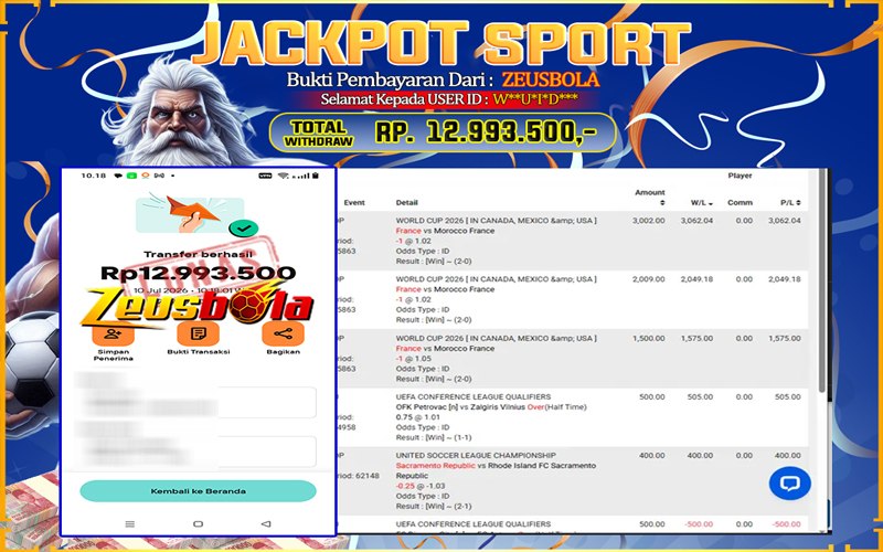 Bukti Kemenangan Member Setia Kami W**U*I*D*** Sebesar Rp 12.993.500 di Permainan UBO Sports