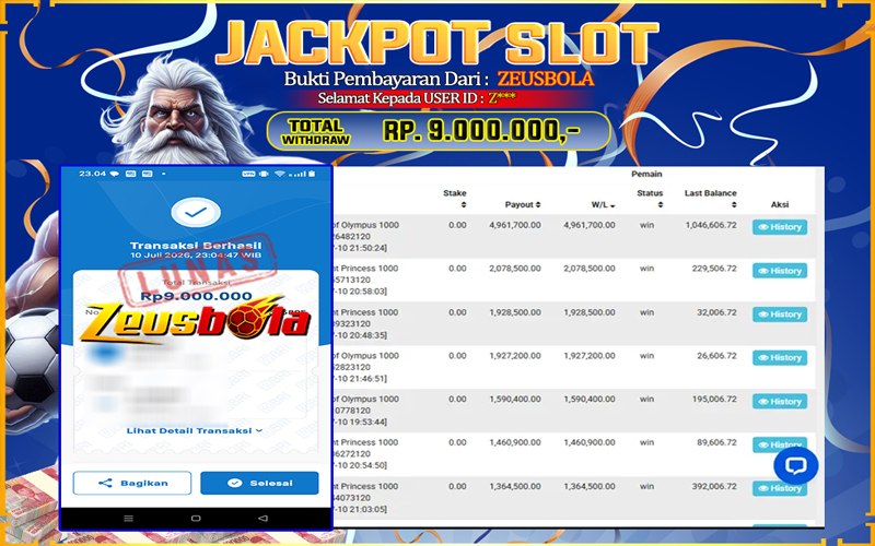 Bukti Kemenangan Member Setia Kami Z*** Sebesar Rp 9.000.000 di Permainan Pragmatic Direct 6