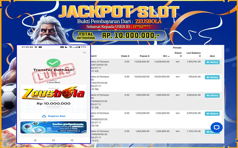 Bukti Kemenangan Member Setia Kami HKI*7 Sebesar Rp 10.000.000 di Permainan Pragmatic Direct 6