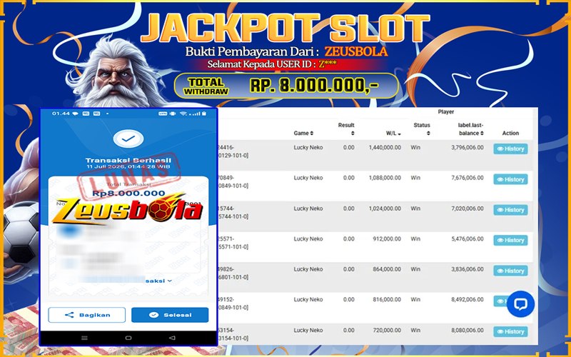 Bukti Kemenangan Member Setia Kami Z*** Sebesar Rp 8.000.000 di Permainan PG