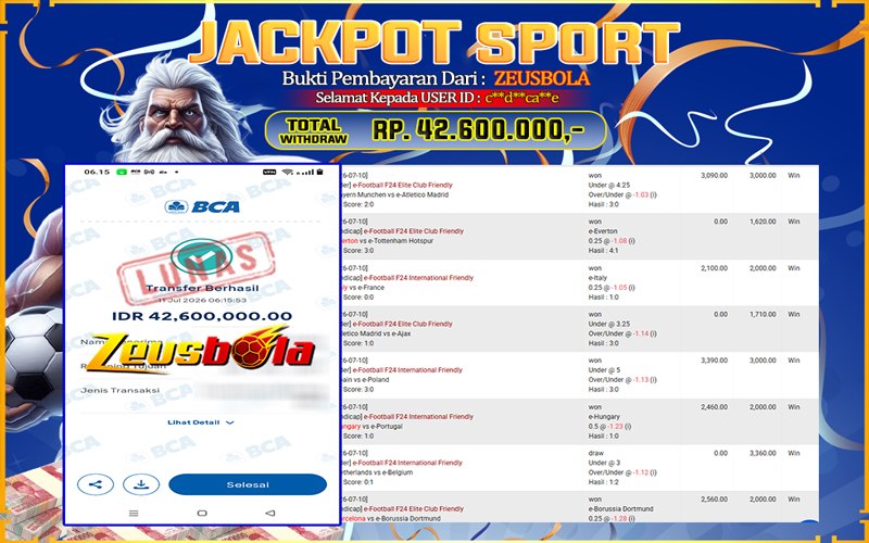 Bukti Kemenangan Member Setia Kami CDCA**E Sebesar Rp 42.600.000 di Permainan SBO Sport
