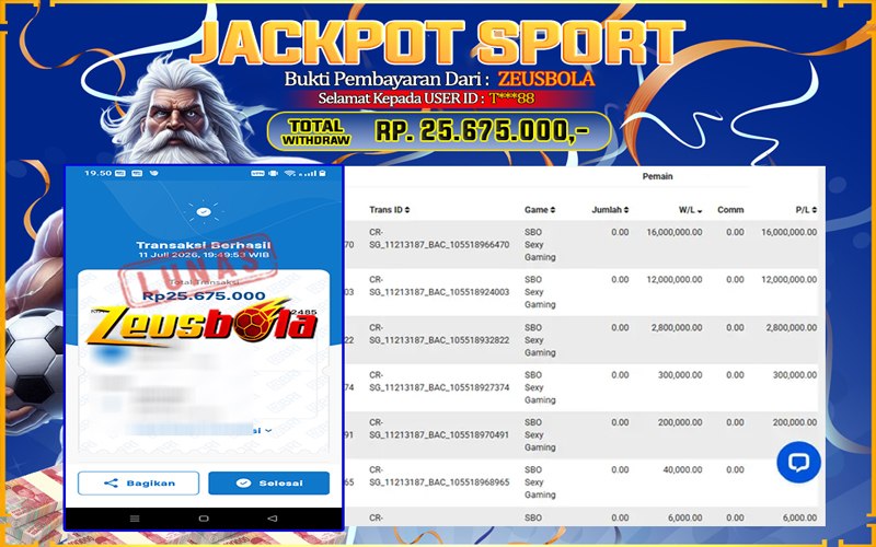 Bukti Kemenangan Member Setia Kami T***88 Sebesar Rp 25.675.000 di Permainan SBO Sexy