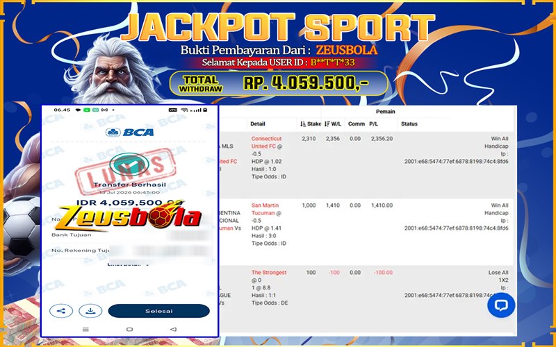 Bukti Kemenangan Member Setia Kami B**T*T*33 Sebesar Rp 4.059.500 di Permainan CMD Sports