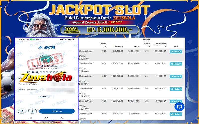 Bukti Kemenangan Member Setia Kami MY**** Sebesar Rp 6.000.000 di Permainan Pragmatic Direct 6