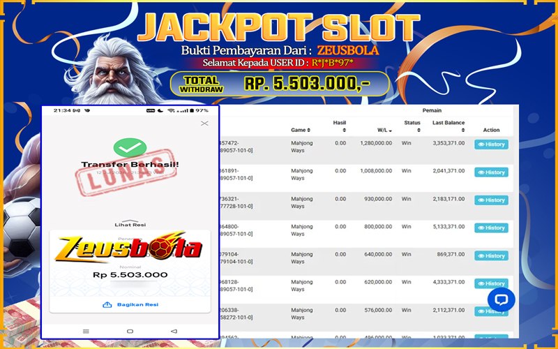 Bukti Kemenangan Member Setia Kami R*J*B*97* Sebesar Rp 5.503.000 di Permainan PG