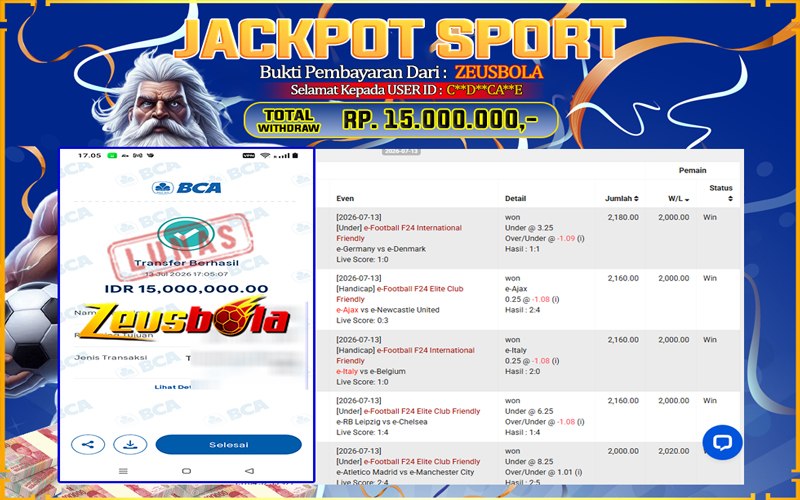 Bukti Kemenangan Member Setia Kami CDCA**E Sebesar Rp 15.000.000 di Permainan SBO Sport