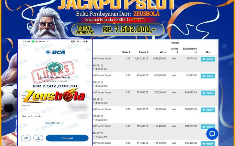 Bukti Kemenangan Member Setia Kami BT1 Sebesar Rp 7.502.000 di Permainan Pragmatic Direct 6
