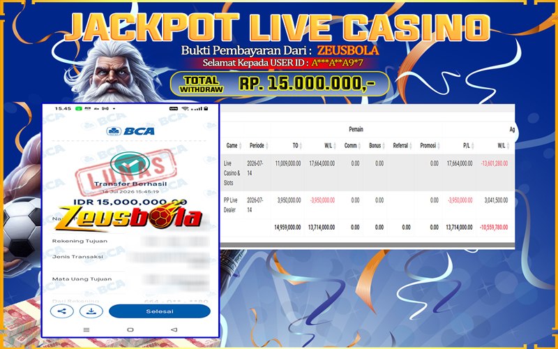 Bukti Kemenangan Member Setia Kami A*AA9*7 Sebesar Rp 15.000.000 di Permainan LIVE CASINO