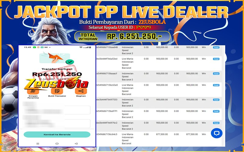 Bukti Kemenangan Member Setia Kami F*0*0*9 Sebesar Rp 6.251.250 di Permainan PP Live Dealer