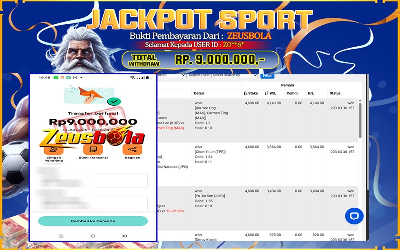 Bukti Kemenangan Member Setia Kami ZO**6* Sebesar Rp 9.000.000 di Permainan Saba Sports