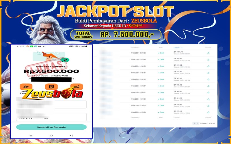 Bukti Kemenangan Member Setia Kami S*O*L** Sebesar Rp 7.500.000 di Permainan Gates Of Olympus 1000