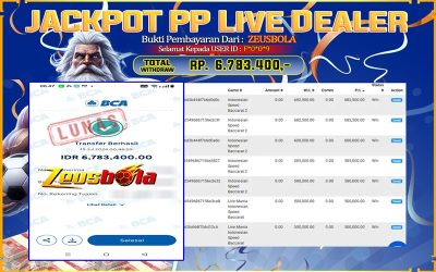 Bukti Kemenangan Member Setia Kami F*0*0*9 Sebesar Rp 6.783.400 di Permainan PP Live Dealer