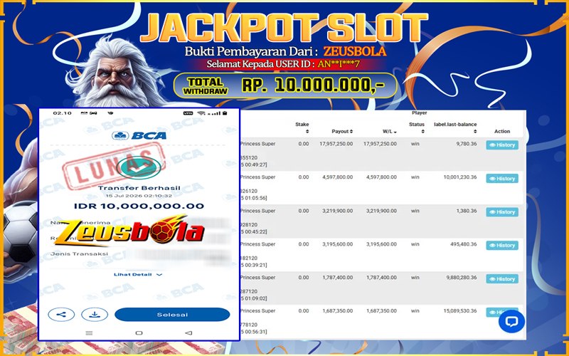 Bukti Kemenangan Member Setia Kami AN**I***7 Sebesar Rp 10.000.000 di Permainan Starlight Princess Super Scatter
