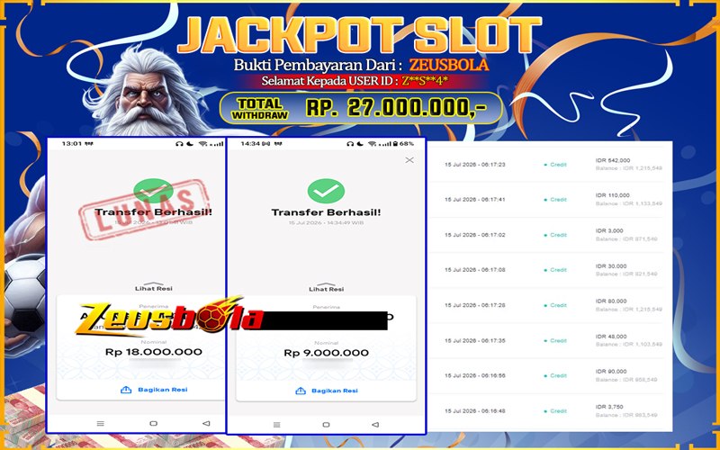 Bukti Kemenangan Member Setia Kami Z**S**4* Sebesar Rp 27.000.000 di Permainan Mahjong Ways