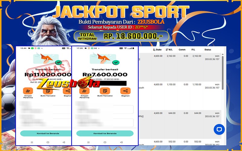 Bukti Kemenangan Member Setia Kami ZO**6* Sebesar Rp 18.600.000 di Permainan Saba Sports