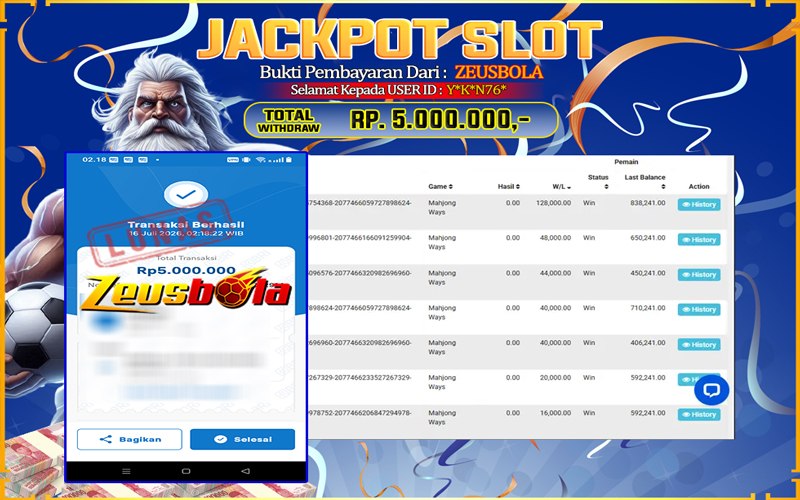 Bukti Kemenangan Member Setia Kami Y*K*N76* Sebesar Rp 5.000.000 di Permainan Mahjong Ways