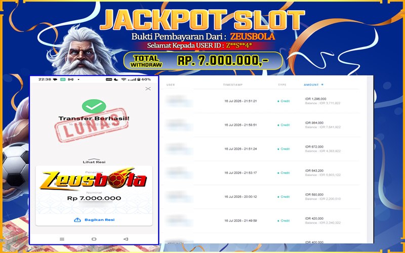 Bukti Kemenangan Member Setia Kami ZS4* Sebesar Rp 7.000.000 di Permainan Mahjong Ways