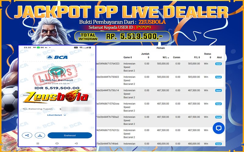 Bukti Kemenangan Member Setia Kami F*0*0*9 Sebesar Rp 5.519.500 di Permainan PP Live Dealer