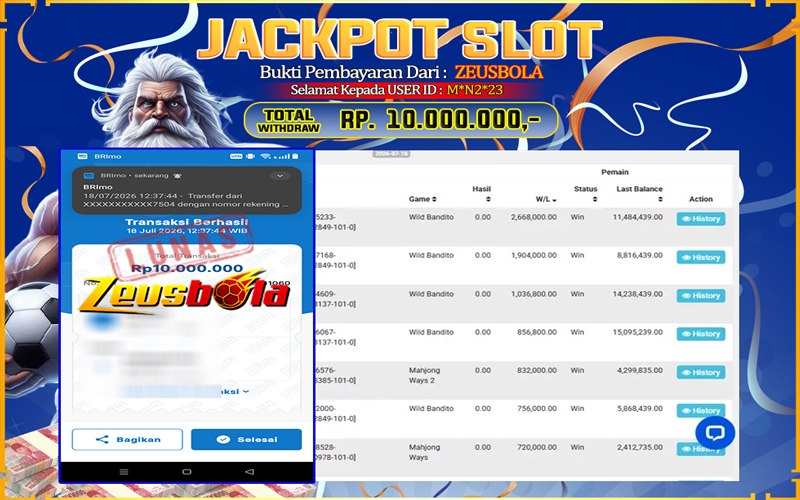 Bukti Kemenangan Member Setia Kami M*N2*23 Sebesar Rp 10.000.000 di Permainan PG