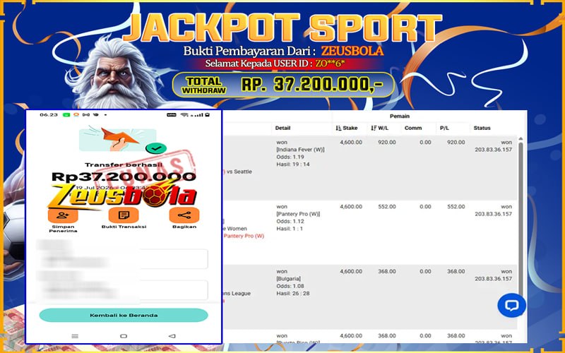 Bukti Kemenangan Member Setia Kami ZO**6* Sebesar Rp 37.200.000 di Permainan Saba Sports